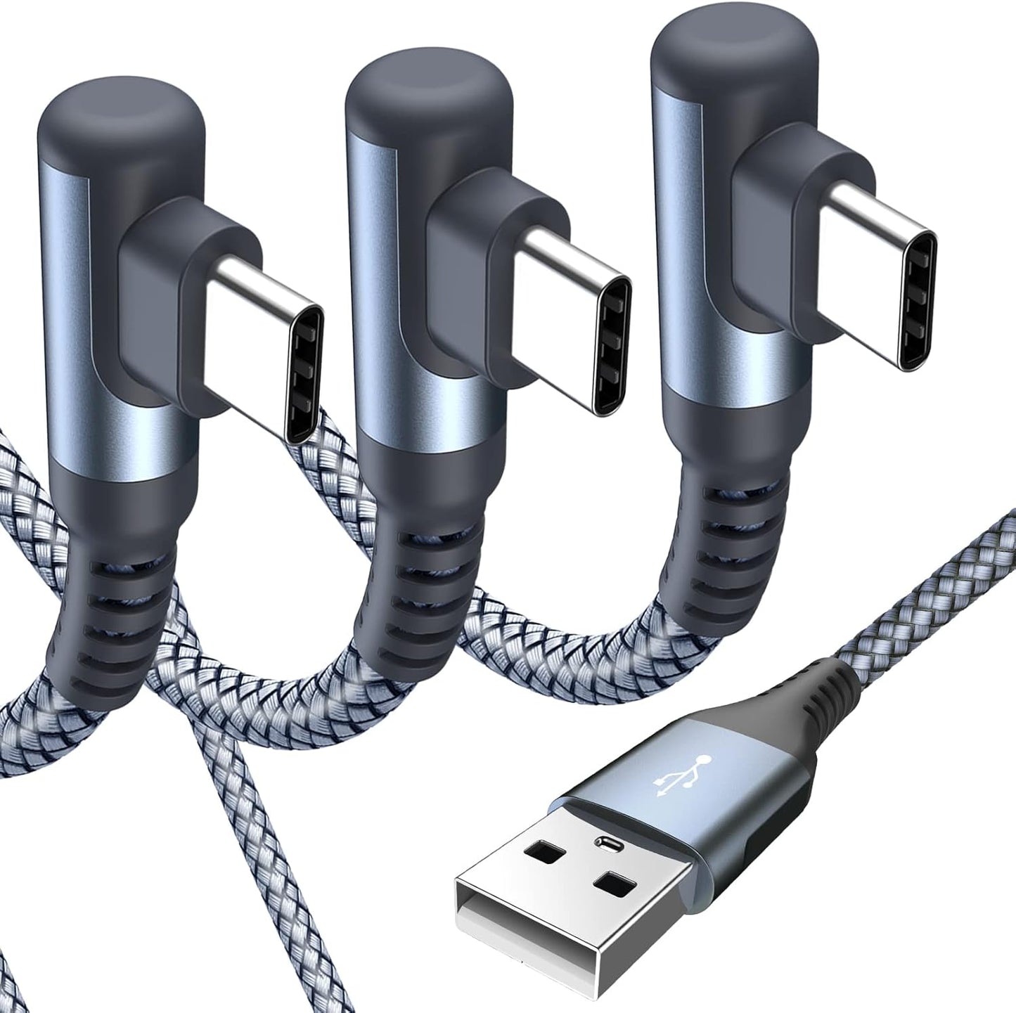 sweguard USB C Cable Right Angle [3Pack, 10FT+6.6FT+6.6FT], USB Type C iPhone 16 Charger Cable Nylon Braided Cord for iPhone 15 16 Pro Max Plus, Samsung Galaxy S25 S24 S23 S22 S21 S10 Note 20 10, Moto