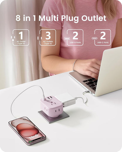 LENCENT Multi Plug Outlet Extender with USB C, 4 AC Electrical Outlet Expander with 4 USB Charger Cube, Small Multiple Wall Tap Plug Splitter for Home Office Travel Cruise Dorm Essentials- Pink