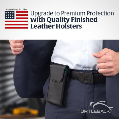 Turtleback Belt Clip for iPhone 16 Pro, 16e, 15 pro 14 Pro 13 Pro -Small- Fits w/Slim MagSafe Style Cases - Premium Black Leather, Vertical Belt Holder, Magnetic Closure, HD Rotating Belt Clip