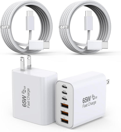 65W USB C Charger Block, 2Pack 6-Port Fast Charging Block with 6ft Long TypeC to TypeC Woven Cable Cord, Multiport Plug, USB C Power Adapter for iPhone 16/16e/16 Pro/16 Pro Max/16 Plus/15,iPad,AirPods