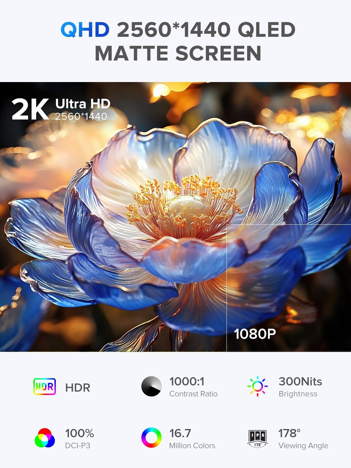 UPERFECT 22" QLED 2K Portable Monitor w/VESA & 180° Adjustable Stand, 2560×1440 QHD FreeSync IPS HDR Gaming Display, USB-C HDMI Travel Second Monitor for Laptop, Switch, Phone