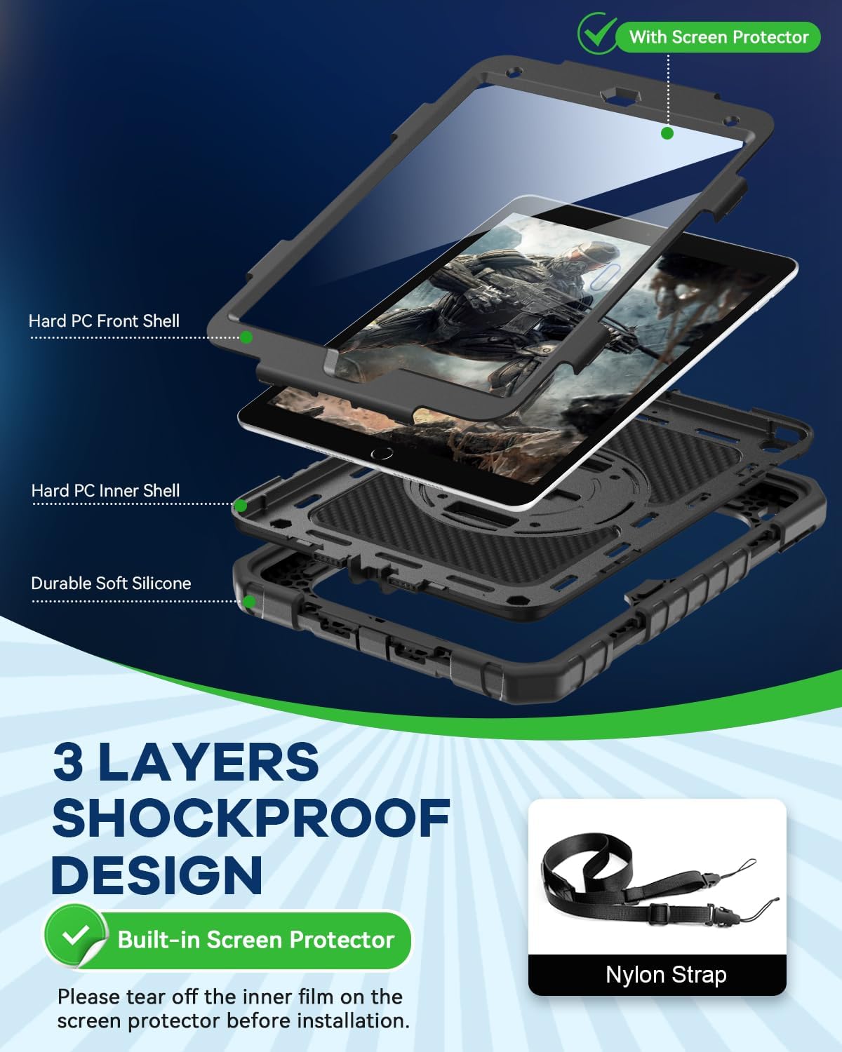 Cantis Case for iPad 9th/8th/7th Generation with Screen Protector, iPad 10.2 Case 2021/2020/2019 with 360 Degree Rotating Stand/Shoulder Strap/Pencil Holder, Black