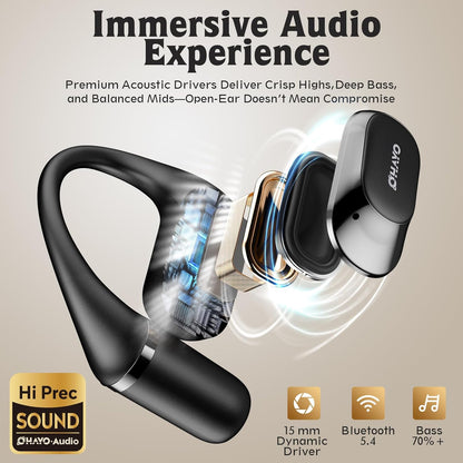 Open Ear Headphones,Over Ear Earbuds with Ergonomic Earhook,Bluetooth Headphones 5.4 with Smart Digital Display,40H Playtime,IPX6 Waterproof,Touch Control Operate Fit Cycling,Running,Workout(Black)