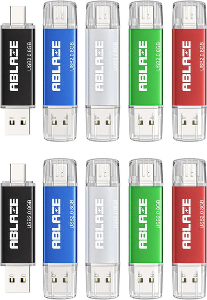 ABLAZE 8GB Type C Flash Drive 10 Pack, Dual USB 2.0+USB C Memory Stick Thumb Drive Compatible with iPhone 16/15, Android Smartphone, Computers, Tablets, Mac,iPad,PC