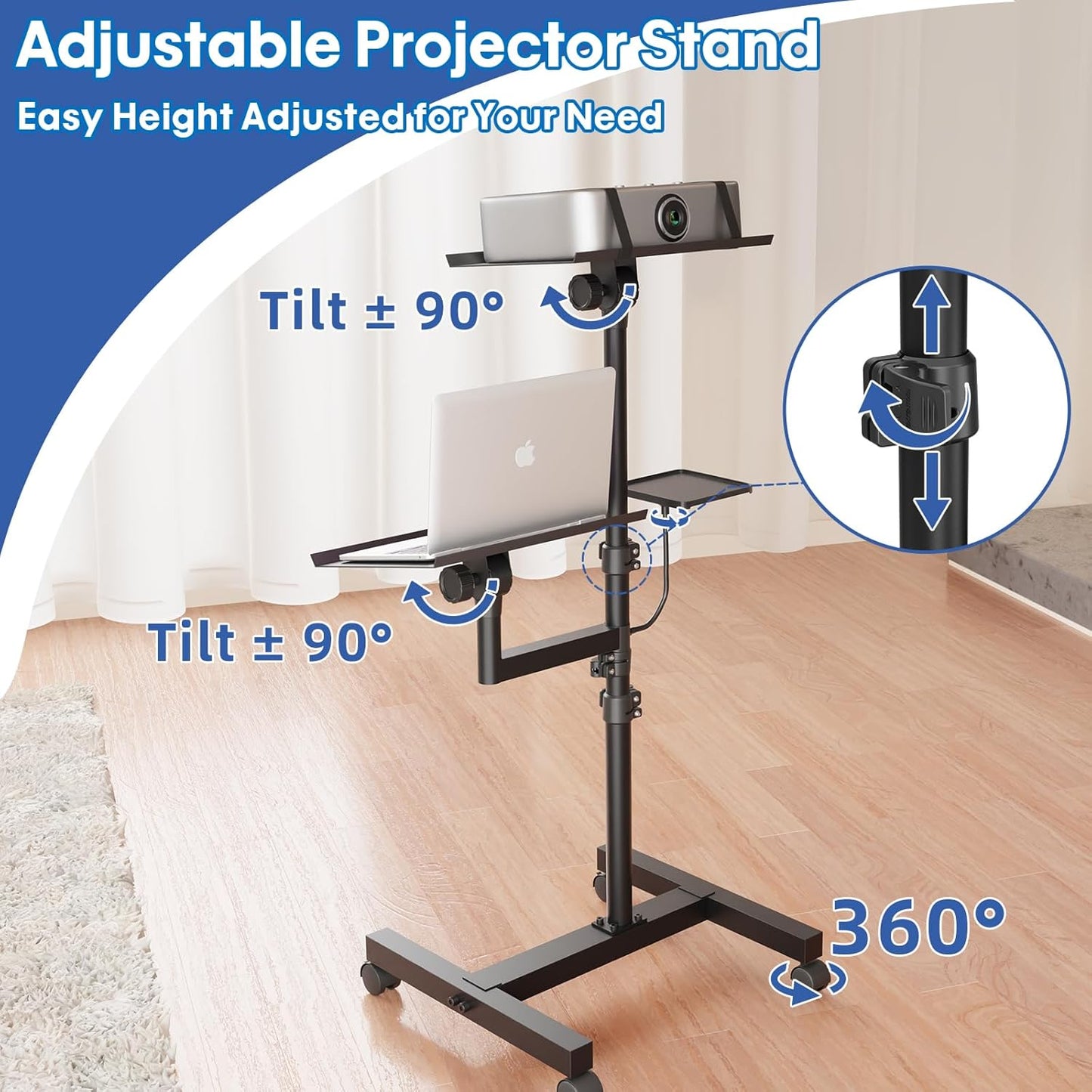 2 Shelves Mobile Projector Stand, Rolling Laptop Stand Adjustable Height to 47 Inches, Podium Stands with Ventilated Tray, Heavy Duty, Laptop Floor Stand for Office, Home, Stage, DJ