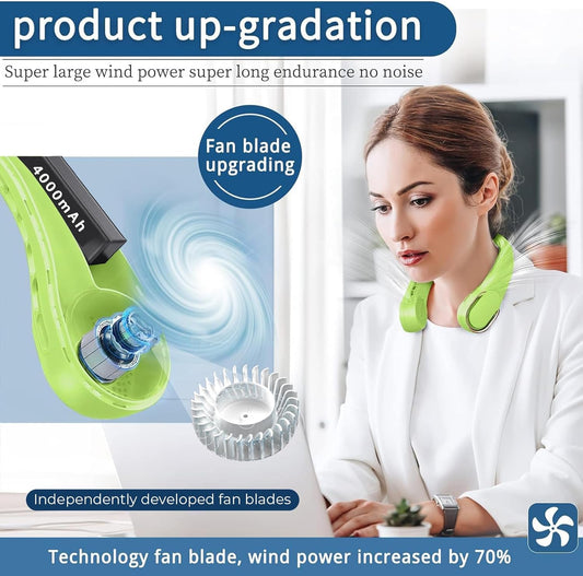 Portable Neck Fan, Bladeless Neck Fan, USB Rechargeable Personal Fan, 4000 mAh Battery Operated Wearable Fan, 3 Speeds Adjustable,Faster Cooling, Ultra Quiet, Suitable for Home, Office, Sports