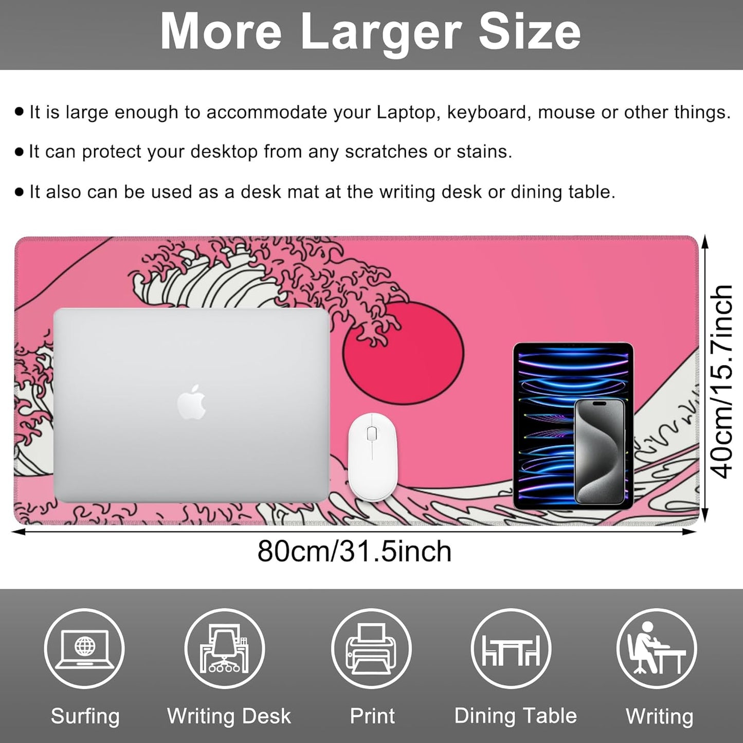 Mouse Pad, Large Great Wave in Vaporwave Pop Art Desk Mat, Extended Non-Slip Gaming Keyboard Mousepad Desk Pad, Thick Stitched Edges Waterproof Mouse Mat 31.5"x15.7" (Ocean's Crest Leap)