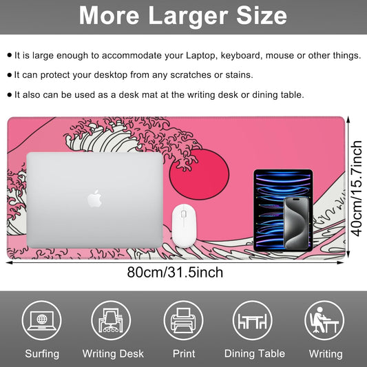 Mouse Pad, Large Great Wave in Vaporwave Pop Art Desk Mat, Extended Non-Slip Gaming Keyboard Mousepad Desk Pad, Thick Stitched Edges Waterproof Mouse Mat 31.5"x15.7" (Ocean's Crest Leap)