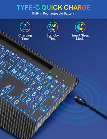 Wireless Keyboard with 7 Colored Backlits, Wrist Rest, Phone Holder, Rechargeable Ergonomic Computer Keyboard with Silent Keys, Full Size Lighted Keyboard for Windows, Mac, PC, Laptop (Large Print)