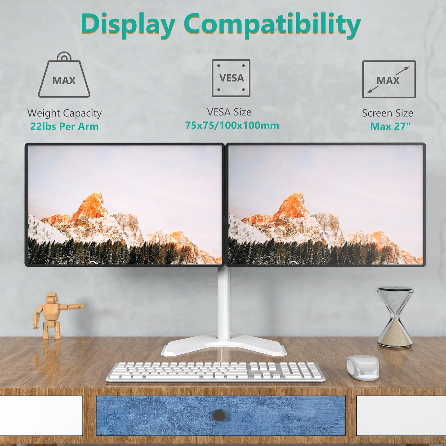 WALI Dual Monitor Stand, Free Standing Desk Mount for 2 Monitors up to 27 inch, 22 lbs. Weight Capacity per Arm, Fully Adjustable with Max Mounting Pattern 100x100mm (MF002-W), White