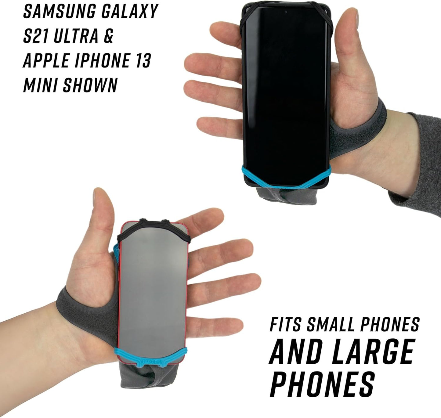 Noxgear Hand Held Phone Holder - Handheld Grip Phone Holder with Key Fob & Card Slot for Running, Jogging & Working Out - Compatible with All Phones - Machine Washable (Noxgear Blue, Right Hand)