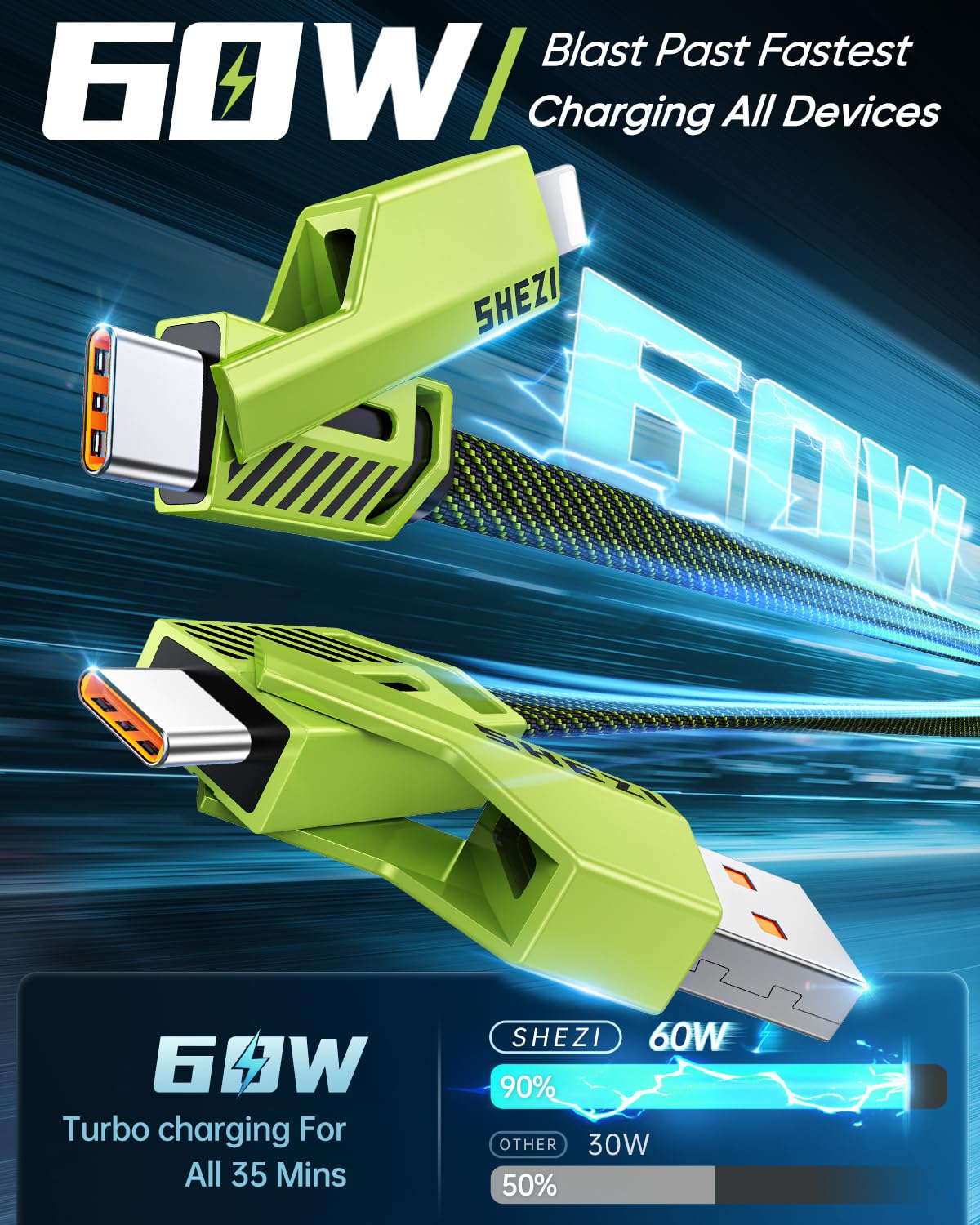 SHEZI [Upgraded 2.0] 4-in-1 USB C Cable 60W 10FT Fast Charging [480Mbps Data Sync] Flat Nylon Braided Charger Cord Combo, USB A/C to C/L Multi Charge Cable for iPhone/iPad & Most Devices, Green