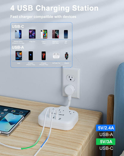 Short Extension Cord 2 inch, Short Cord Power Strip with 3 Outlets 4 USB(2 USB-C) 17W, Flat Outlet Extender, Non-Blocking, Non-Surge Protection for Cruise Travel Dorm Kitchen Bathroom, White