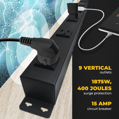 9 Black Verticle Outlets 6 Feet Power Cord Heavy Duty Metal Surge Protector Power Strip