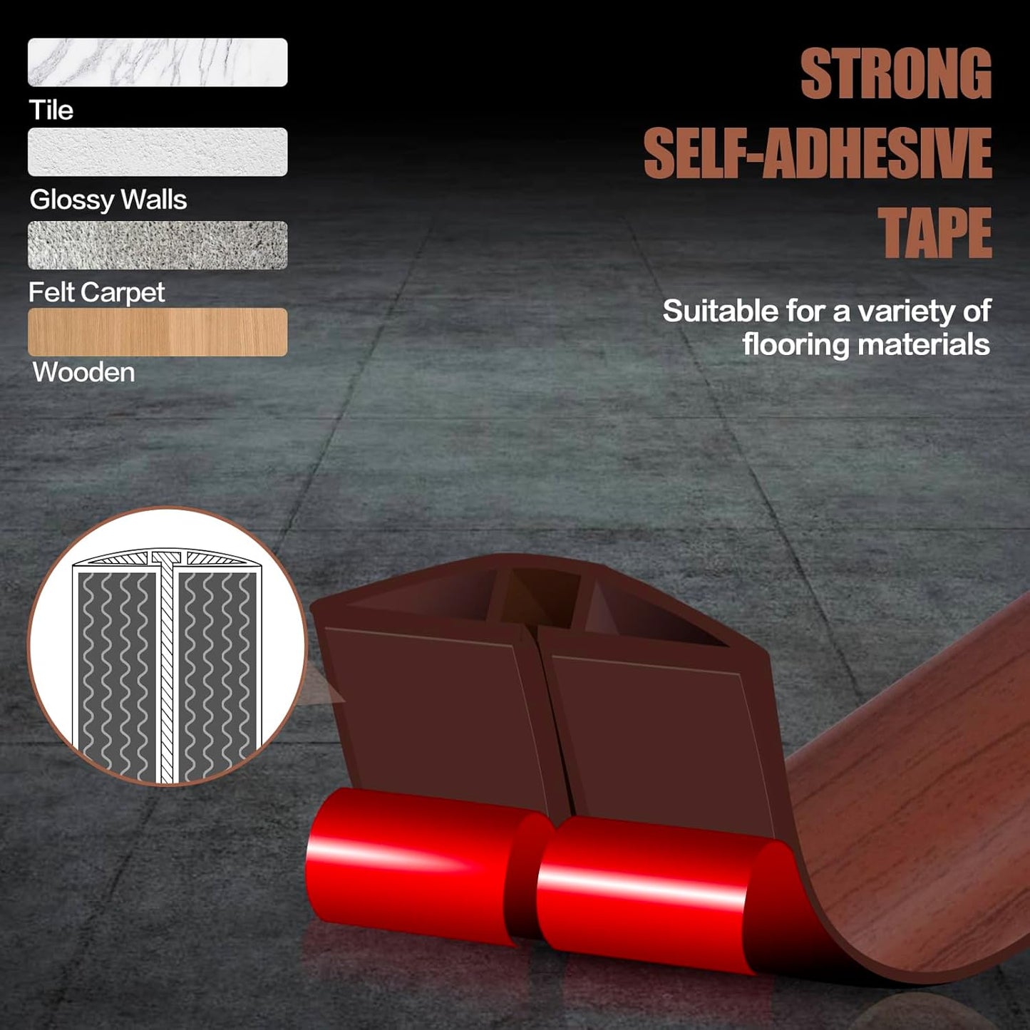 Floor Cord Cover Cavity 0.8"x0.37" Self Adhesive Cord Hider, 10FT Low Profile Cable Management, Extension Strip Protector for Wires, Prevent Cable Trips for Offices, Gyms, Exhibitions（Red Teak）