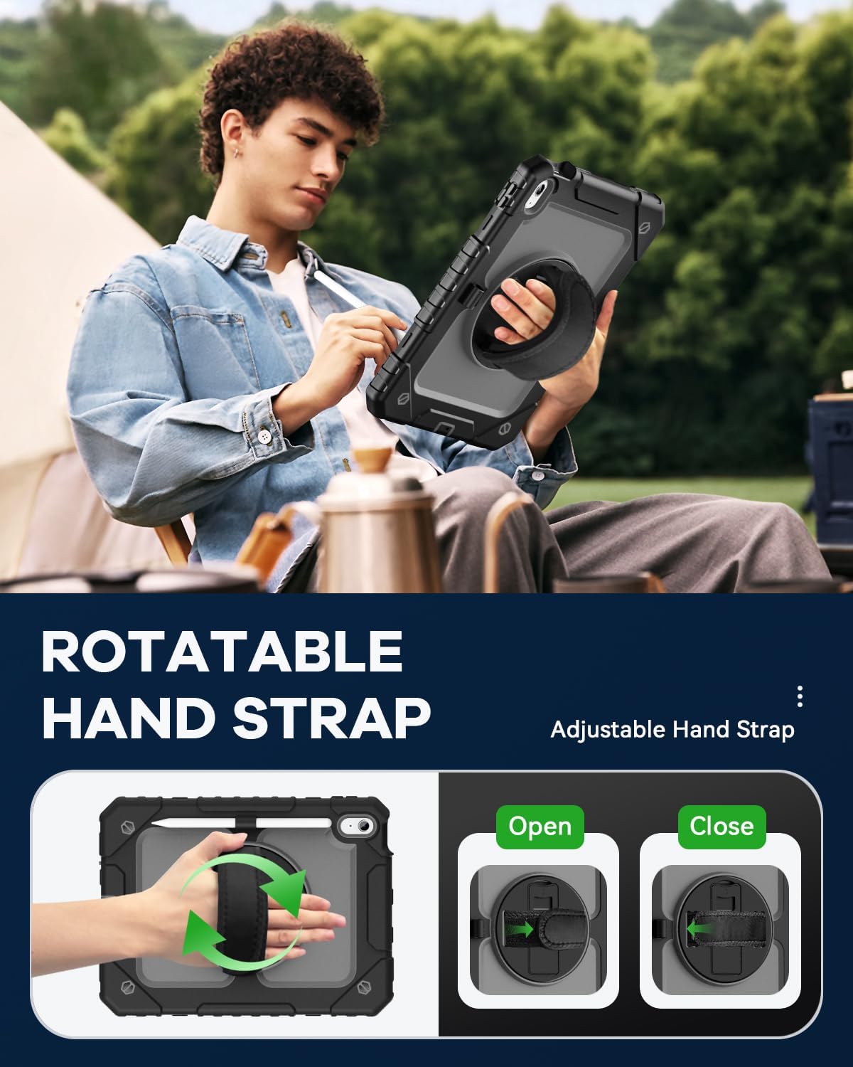 Cantis Case for iPad 11-inch (A16) 2025/ iPad 10th Generation 2022 (10.9 inch) with Screen Protector, iPad 11th Case with 360 Degree Rotating Stand/Shoulder Strap/Pencil Holder, Black+Grey