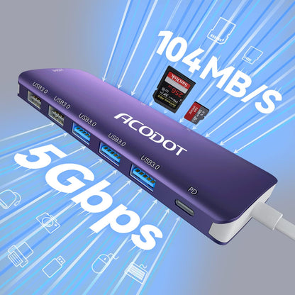 Acodot 9 in 1 USB C Hub - 4K@60Hz HDMI Adapter, 3 USB 3.0 Ports, SD/TF Card Reader, 100W PD, Multiport Adapter for MacBook Pro, Air, HP, XPS, Purple