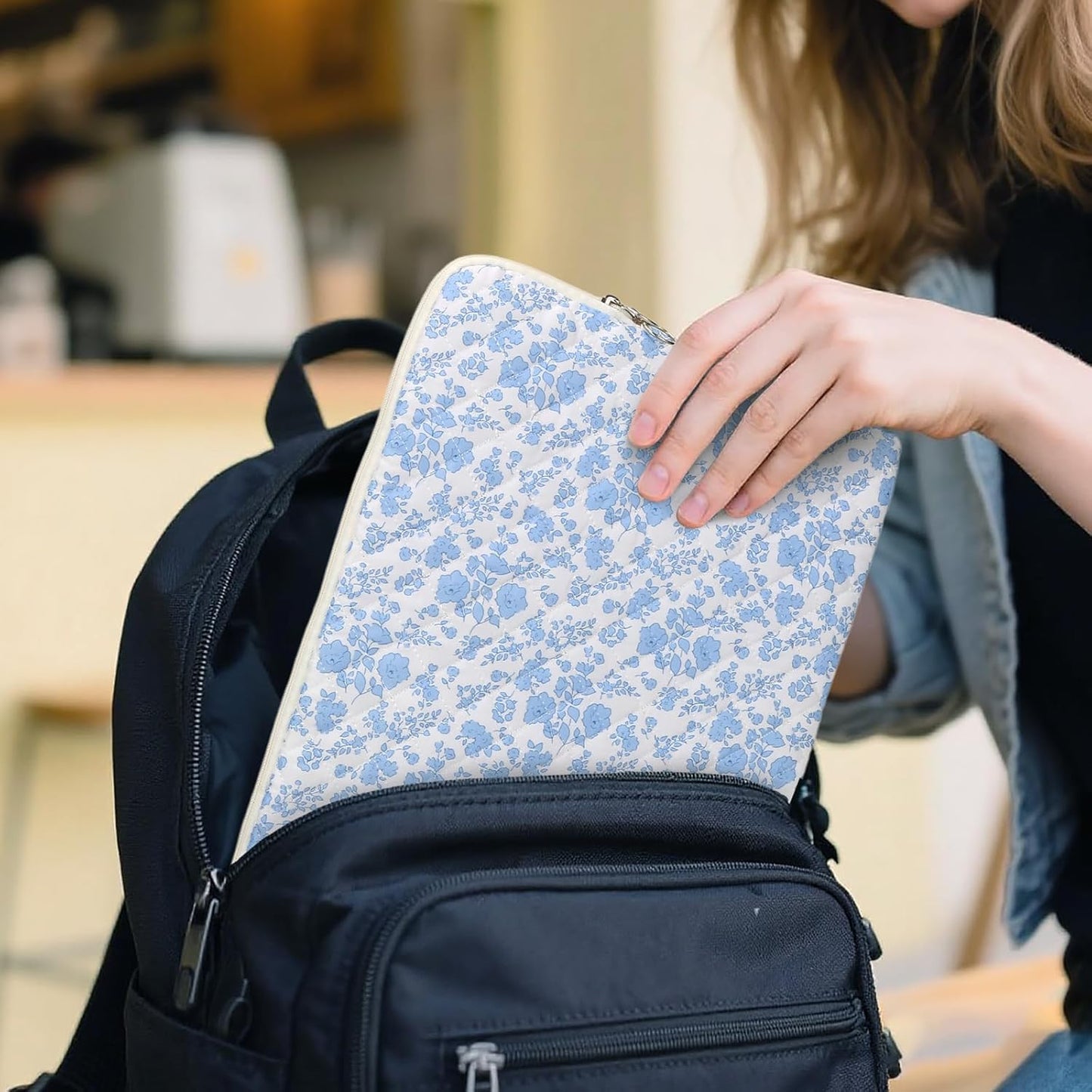 Puffy Laptop Sleeve 13-15.6 Inch Cute Quilted Laptop Protective Case Padded Floral Computer Sleeve for MacBook (B-Blue, 13 Inch)