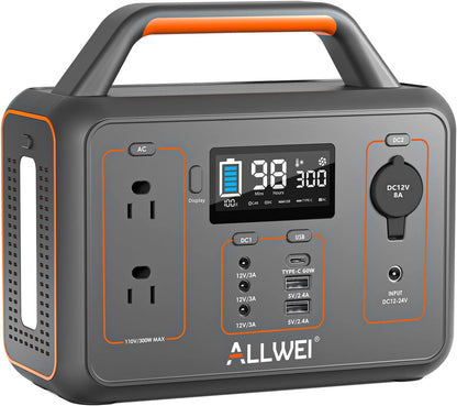 ALLWEI Portable Power Station 300W, 280Wh Solar Generator with 110V Pure Sine Wave AC Outlet, Backup Lithium Battery Generator for CPAP Outdoor RV Camping Emergency Home Use
