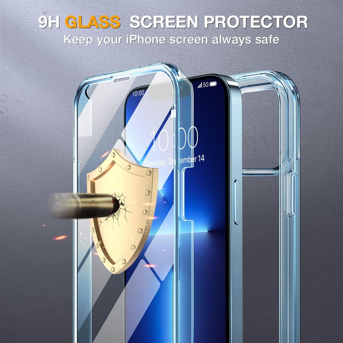 Miracase Glass Case for iPhone 13 Pro Max 6.7 inch, Upgrade Full-Body Clear Bumper Case with Built-in 9H Tempered Glass Screen Protector for iPhone 13 Pro Max, Clear Blue