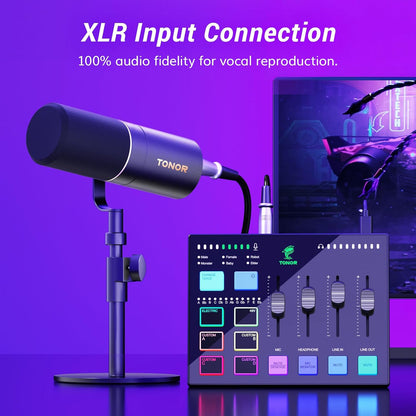 TONOR Audio Interface and Microphone Set, Podcast Equipment Bundle, USB Audio Mixer with RGB, XLR Dynamic Microphone with Studio Sound Quality, Complete Package for Content Creating, Gaming, Streaming