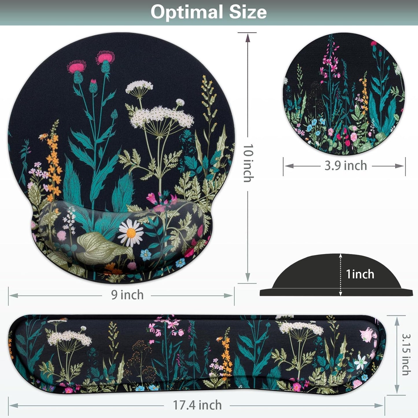 Mouse Pad with Wrist Rest Set, Qomolama 3-in-1 Wrist Support Mouse Pad Set, Floral Gaming Mousepad with Anti-Skid Base,Ergonomic Mouse Pad,Memory Foam Keyboard Gel Wrist Rest