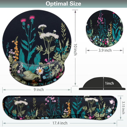 Mouse Pad with Wrist Rest Set, Qomolama 3-in-1 Wrist Support Mouse Pad Set, Floral Gaming Mousepad with Anti-Skid Base,Ergonomic Mouse Pad,Memory Foam Keyboard Gel Wrist Rest