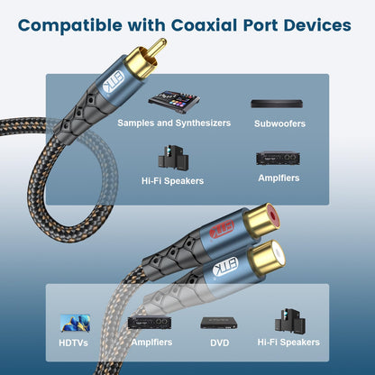 EMK RCA Splitter 1 Male to 2RCA Female Copper Shell Gold-Plated Y Adapter RCA Male to 2RCA Female Cable RCA Y Splitter Connectors Extension Cord 1ft/0.3m