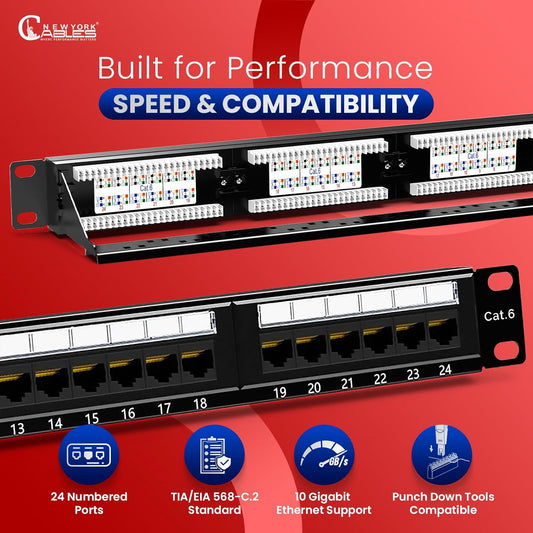 NewYork Cables 24 Port Cat6 Patch Panel – 10Gb Ethernet, 1U Rackmount 19-Inch, T568A/B Color-Coded Labels, Unshielded, 110/Krone Compatible, Black