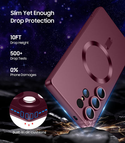 Magnetic for Samsung Galaxy S25 Ultra Case [Compatible with MagSafe][Built-in Camera Lens Protector] Slim Soft Silicone Bumper Shockproof Metallic Luster Phone Shell (Burgundy)