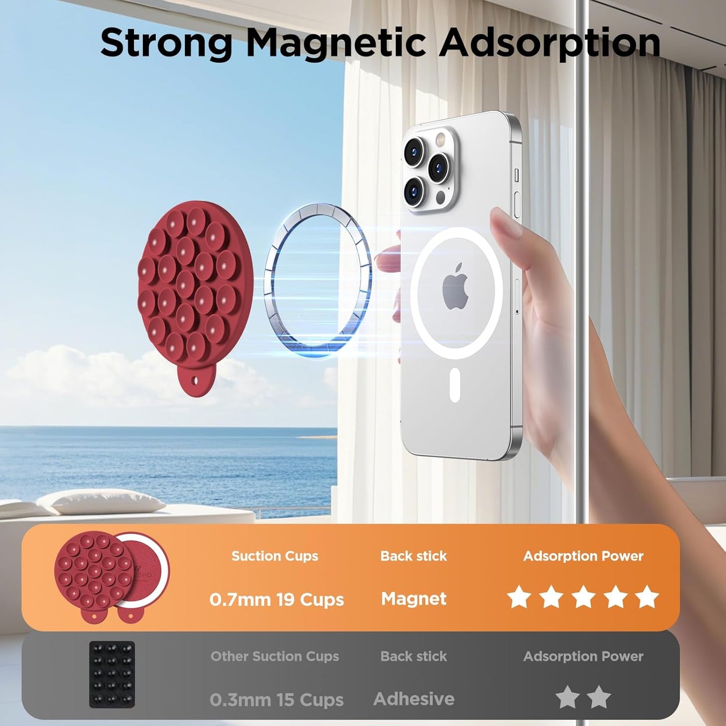 Magnetic Suction Cup Phone Mount for MagSafe Case, Silicone Hands-Free Grip Holder for iPhone and Android, Mirror Shower Phone Stand for Makeup FaceTime Gym Kitchen Bathroom, Deep Red
