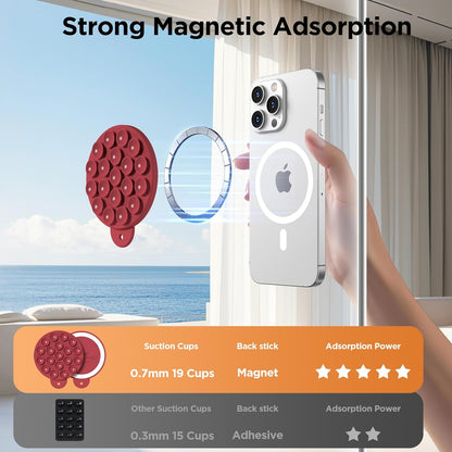 Magnetic Suction Cup Phone Mount for MagSafe Case, Silicone Hands-Free Grip Holder for iPhone and Android, Mirror Shower Phone Stand for Makeup FaceTime Gym Kitchen Bathroom, Deep Red