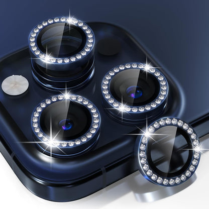 Choiche Compatible for iPhone 15 Pro/iPhone 15 Pro Max Camera Lens Protector Bling, 9H Tempered Glass Camera Cover Screen Protector Metal Ring Decoration Accessories (Diamond-Blue)