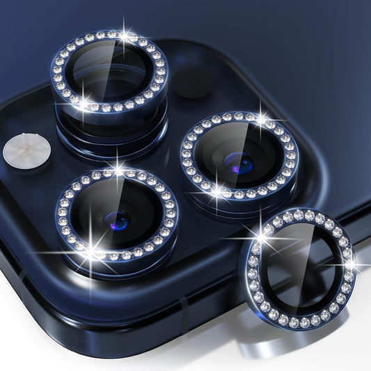 Choiche Compatible for iPhone 15 Pro/iPhone 15 Pro Max Camera Lens Protector Bling, 9H Tempered Glass Camera Cover Screen Protector Metal Ring Decoration Accessories (Diamond-Blue)