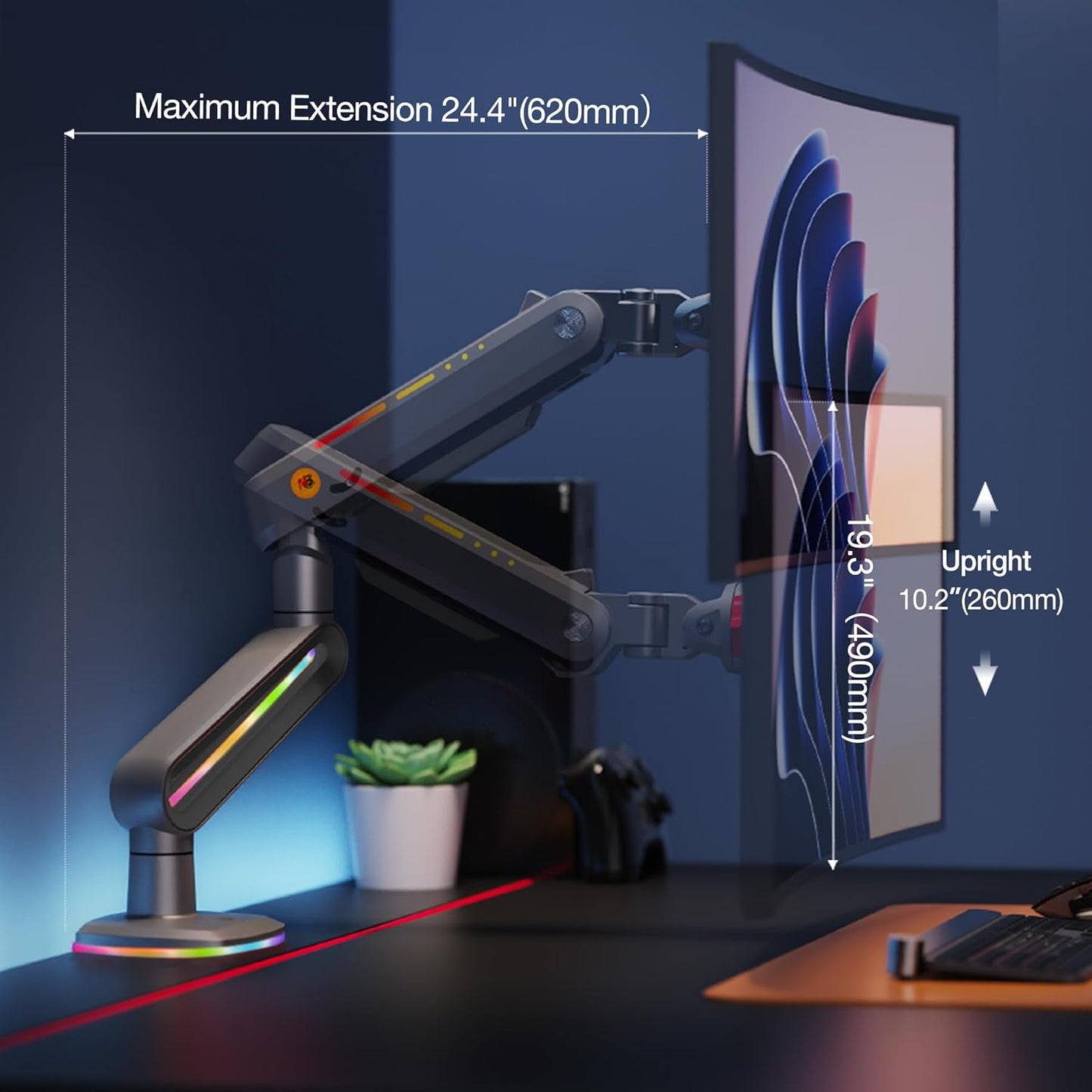 RGB Gaming Monitor-arm for Flat/Ultrawide/Curved Monitors 32 to 60 inch, Heavy Duty Stand Load up to 20 kg, VESA 75/100 mm Monitor-Mount F6-G