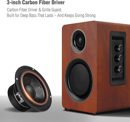 Computer Speakers for Desktop PC, Active Bookshelf Speaker with 3‘’ Carbon Fiber Woofer and Silk Film Tweeter ,Supports Bluetooth 5.3, USB-C, AUX/RCA Input for Record Player TV - Brown Stereo Set