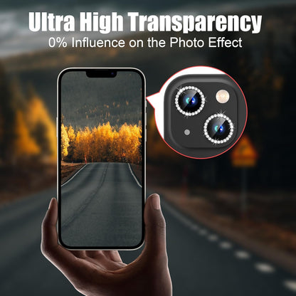 AGVEE 3+3 6 Pack for iPhone 15/15 Plus, Bling Diamond & Glitter Metal Ring 9H Tempered HD Glass Camera Protector Cover Film