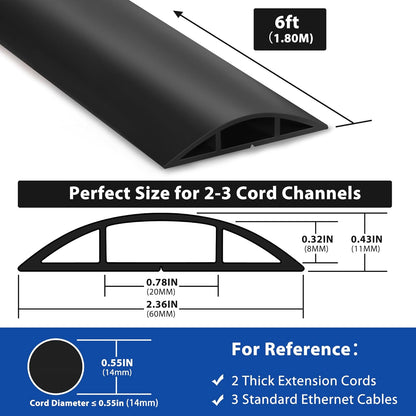 6ft Heavy Duty Cord Hider for Floor, Black Cable Management Cover, Hide Electrical Wires, Protector With 0.78" W x 0.32" H Cable Cavity