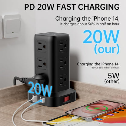 PD 20W USB C Surge Protector, Mini Power Strip Tower Travel 12 AC 4 USB Power Strip with USB Ports 10FT Overload Protection for Home Office