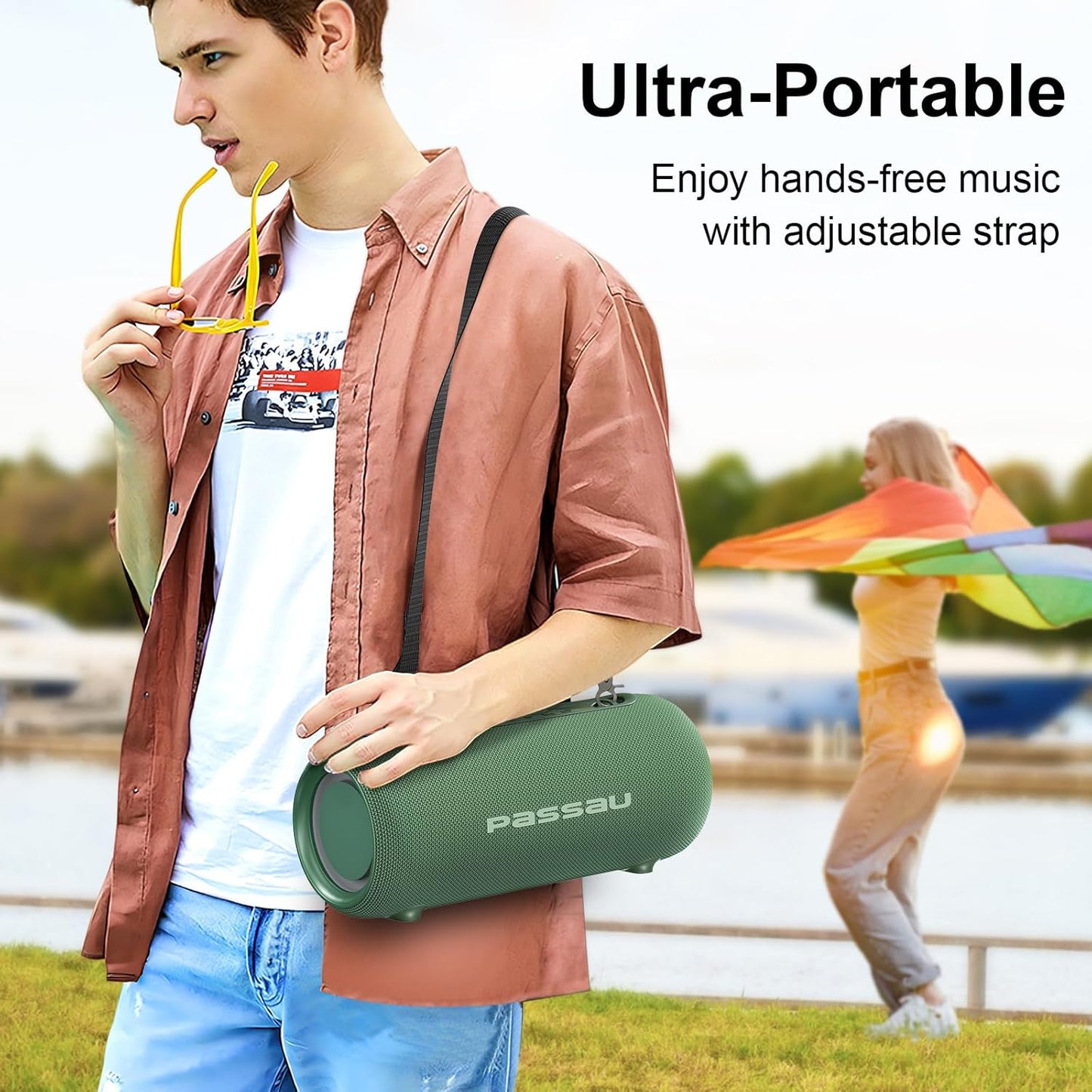 Passau Portable Bluetooth Speakers 40W Peak Loud Stereo Sound, Passive Radiators-Deep Bass, All Day Playtime, Adjustable Strap, BT5.3, IPX5 Wireless Speaker RGB Lights for Indoor Outdoor-Green