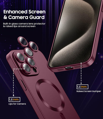 Magnetic for iPhone 15 Pro Max Case [Compatible with MagSafe][Built-in Camera Lens Protector] Slim Soft Silicone Bumper Shockproof Metallic Luster Phone Case (Burgundy)