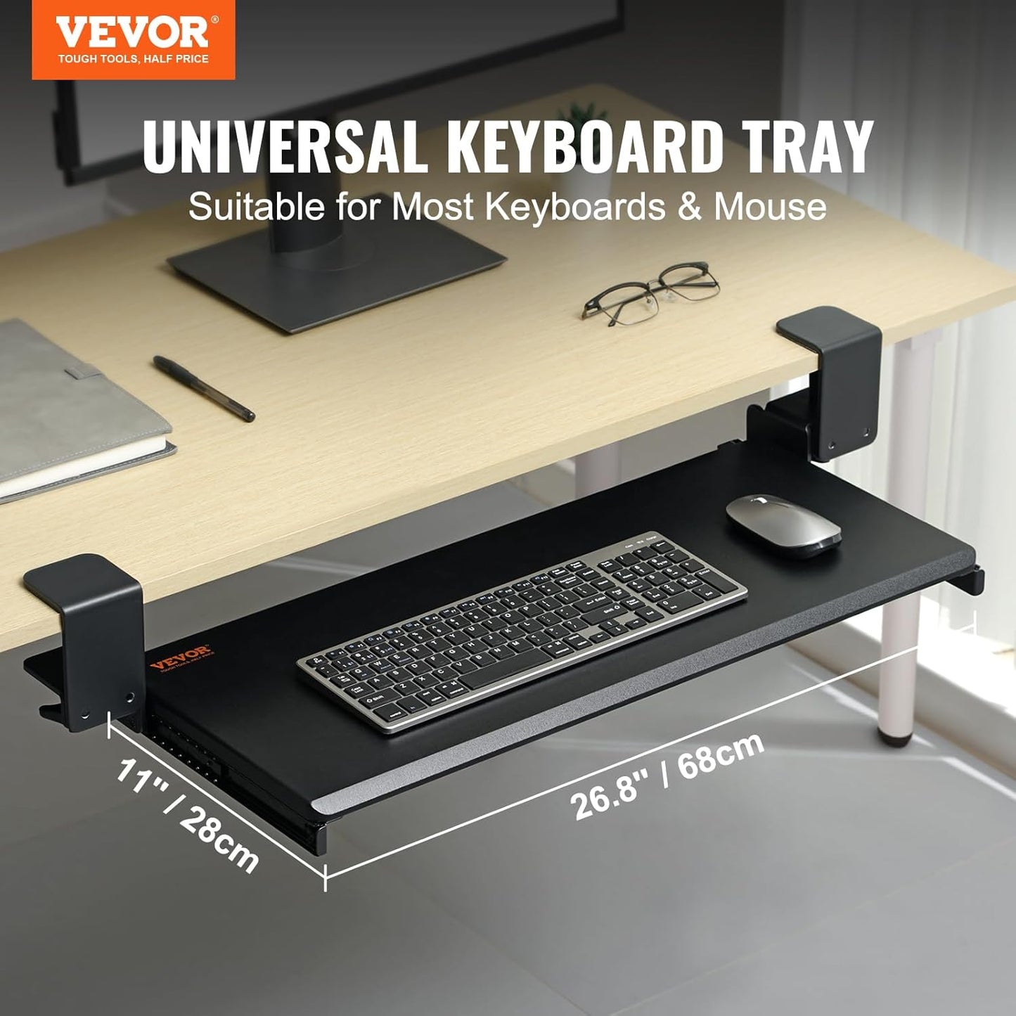 VEVOR Clamp on Keyboard Tray Under Desk, Desk Keyboard Tray Slide Out with Sturdy No-Drill C Clamp Mount, Large 26.8 x 11 inch Slide-Out Computer Drawer for Typing in Home, Office Work
