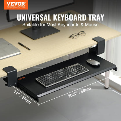 VEVOR Clamp on Keyboard Tray Under Desk, Desk Keyboard Tray Slide Out with Sturdy No-Drill C Clamp Mount, Large 26.8 x 11 inch Slide-Out Computer Drawer for Typing in Home, Office Work