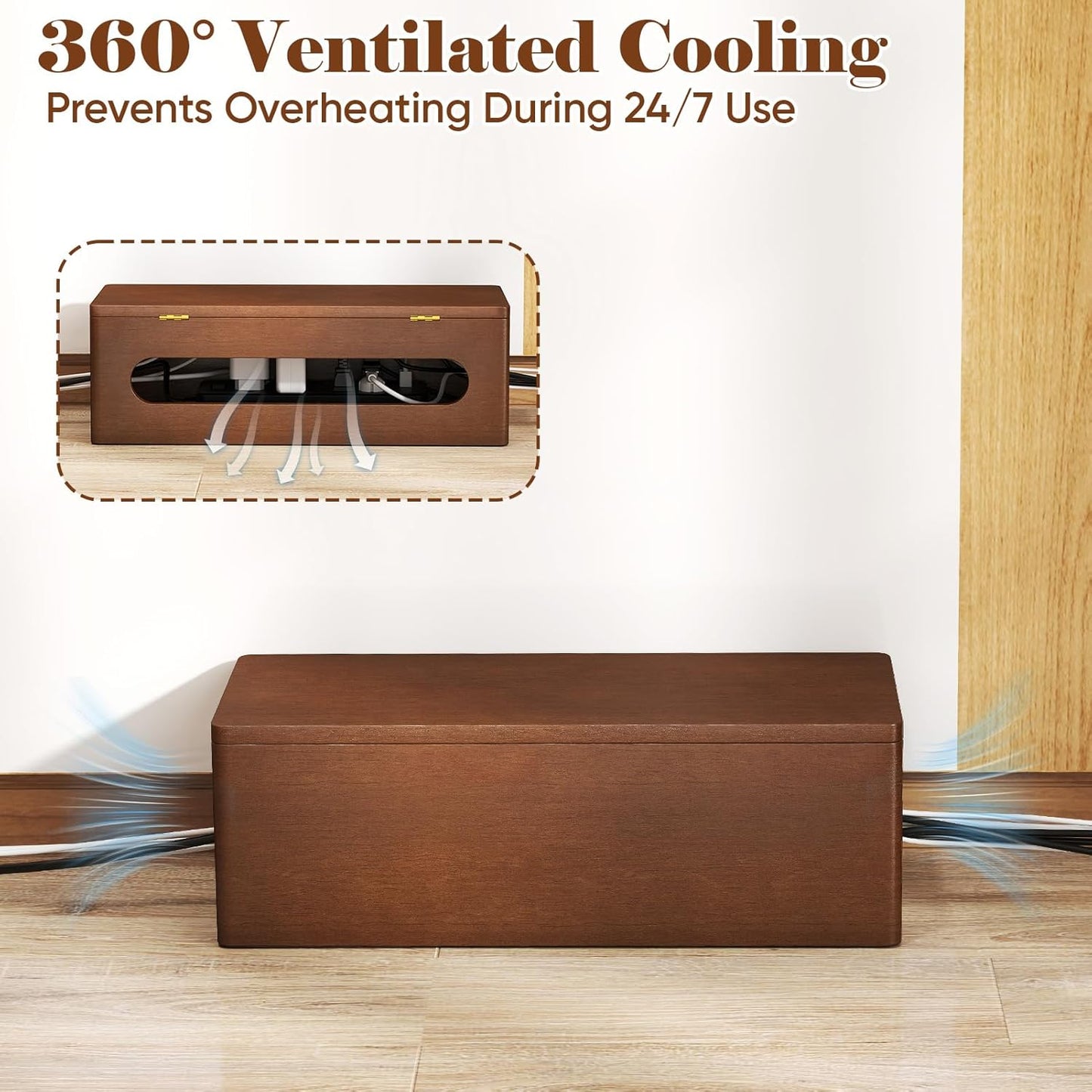 Delamu Wooden Cable Management Box with Magnetic Lid, Duty Cord Organizer for Desk Power Strip Hider Cover with Ventilation for Desk, Floor, Home Office, Baby Pets Safe Storage Solution