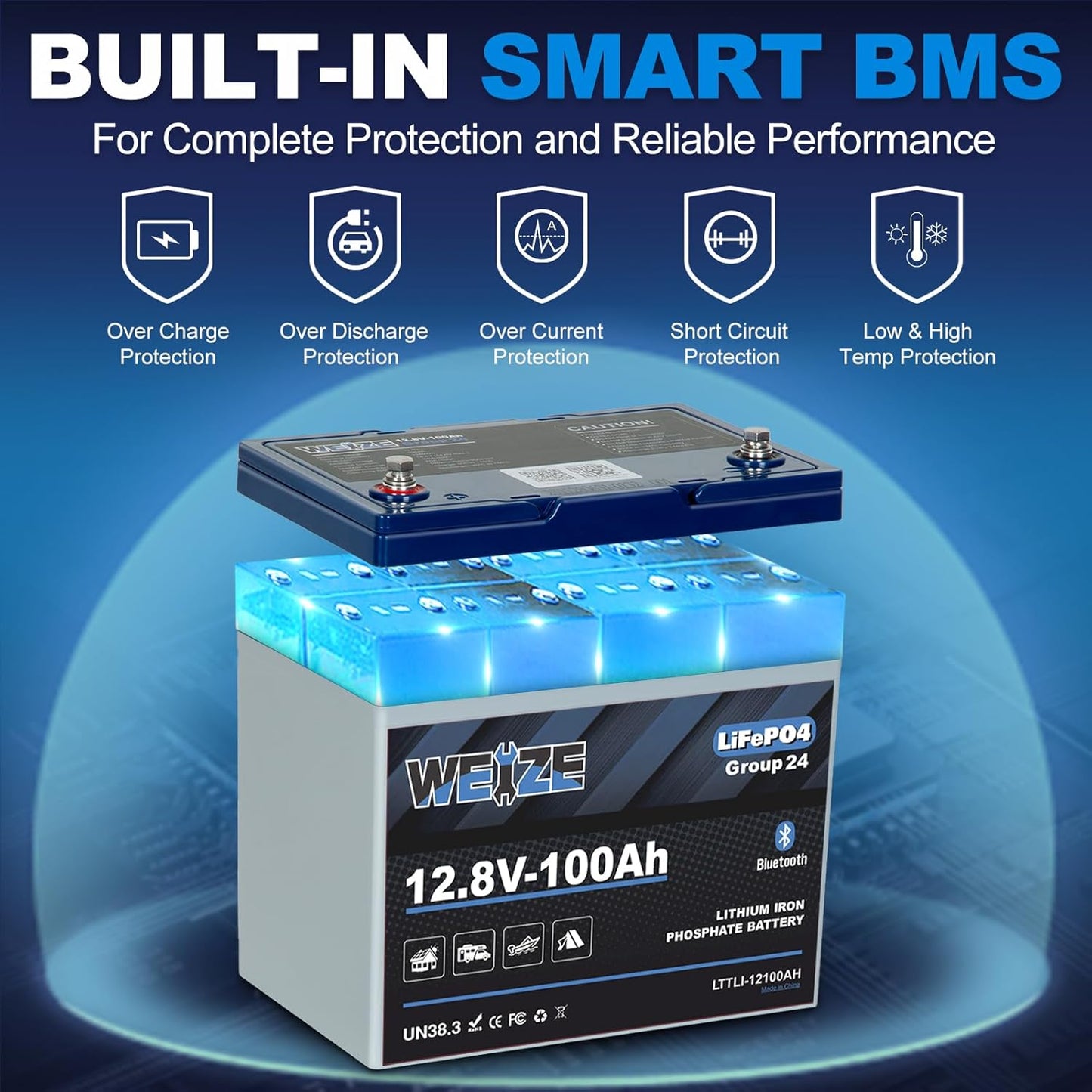 Weize 12V 100Ah Group 24 Bluetooth LiFePO4 Lithium Battery, Built-in 120A BMS, Low-Temp Protection Deep Cycle 500A/3S Peak Discharge Battery for RV, Camping, Solar, Trolling Motor, Home Energy