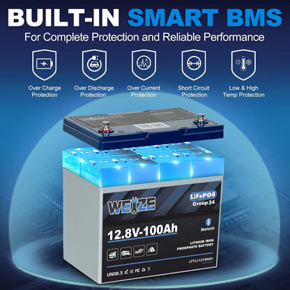 Weize 12V 100Ah Group 24 Bluetooth LiFePO4 Lithium Battery, Built-in 120A BMS, Low-Temp Protection Deep Cycle 500A/3S Peak Discharge Battery for RV, Camping, Solar, Trolling Motor, Home Energy