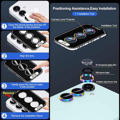 for Samsung Galaxy A16 Camera Lens Protector, Individual Metal Ring Tempered Glass Lens Cover, [Strong Adsorption] Scratch Resistant Ultra-Thin HD Clear Lens Cover, 1 Set-Colorful Ring