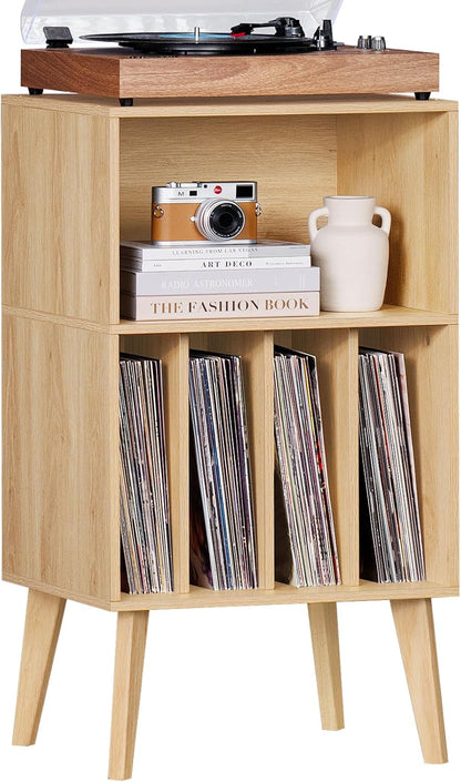 Lerliuo Record Player Stand, Burlywood Turntable Stand Holds up to 160 Albums, Mid-Century Vinyl Storage Cabinet Table with Solid Wood Legs, Record Player Holder Dispaly Shelf for Bedroom Living Room