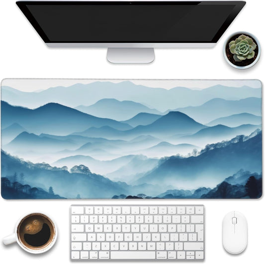 Large Gaming Mouse Pad, Mountain Desk Mat, Misty Forest Mountains Desk Pad, Extended Big Computer Keyboard Mouse Pad with Non-Slip Base and Stitched Edge, 35.4"x15.7"