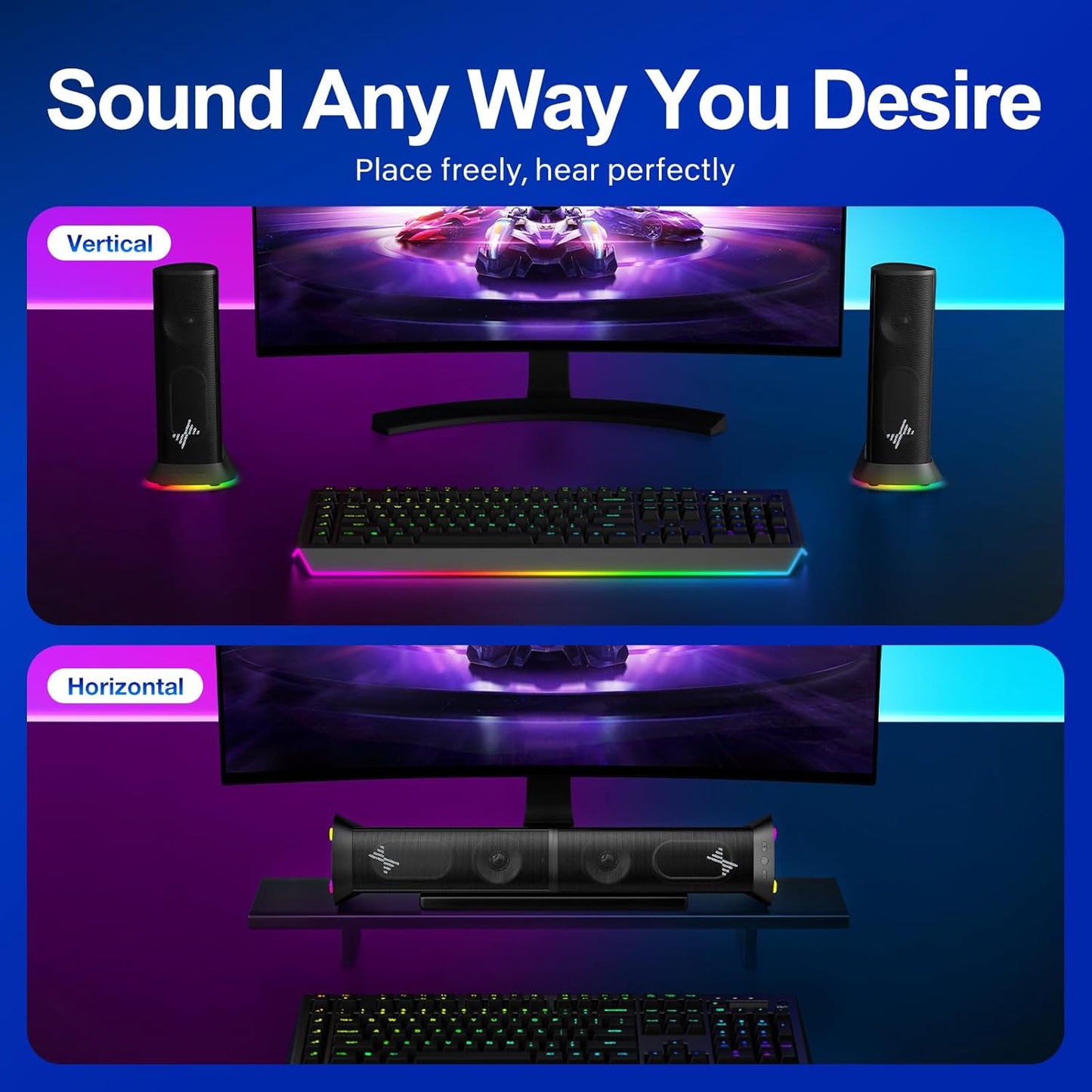 Nylavee Computer Speakers – Hi-Fi Stereo PC Speakers with 9 LED Lighting Modes, Enhanced Bass and Sound, USB/Type-C Powered and 3.5mm Audio Wired Desktop Speakers for PC, Laptop, Monitor, PS5, Xbox